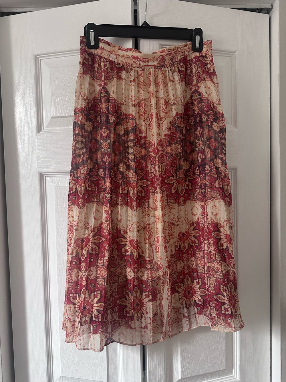 Anthropologie Cream and Red Floral-Pattern Midi Skirt
